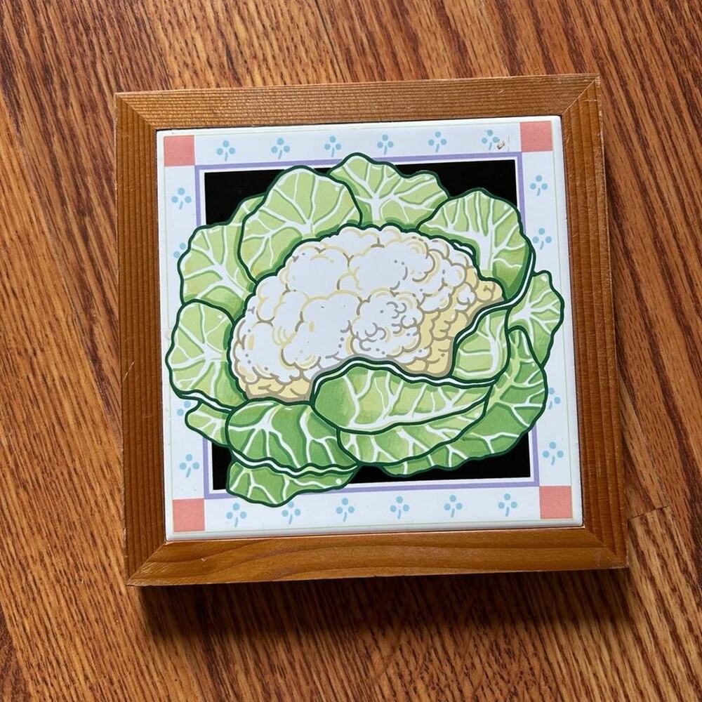 7” x 7” vintage wood & tile cauliflower trivet / wall cottagecore kitchen decor
